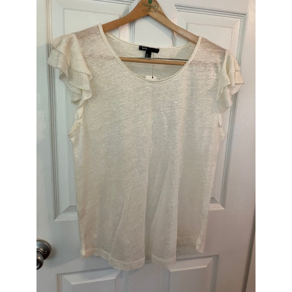 Mango MNG Casual Ivory Linen Blouse Top T-shirt Wing sleeves Boat neck Size M